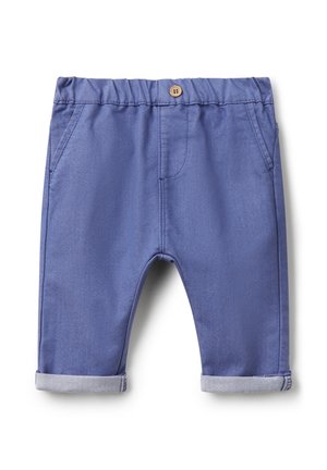 Blauwe katoenen broek met een elastische tailleband, voorzakken en opgerolde zoom. Soepele textuur en casual design, geschikt voor dagelijks gebruik.