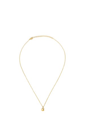 Collana delicata in oro con una piccola ciondolo rotondo caratterizzato da un'icona incisa di una tazza di caffè e chiusura regolabile con moschettone.