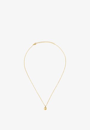 Collier en chaîne d'or délicate avec un petit pendentif rond présentant une icône de tasse de café gravée et une fermeture à boucle ajustable.