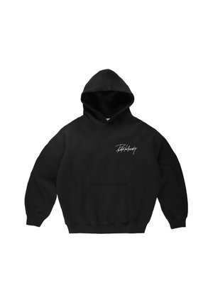Czarna bluza z kapturem, przednią kieszenią i białym logo w stylu pisma na lewej części piersi.