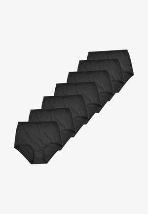 Black cotton women's briefs, featuring a smooth texture, full coverage design, and a small bow accent on the waistband; packaged in a set of eight.
