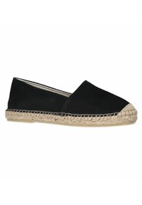 Espadrille en suède noir avec un bout rond et une semelle en corde de jute. Design simple avec une finition lisse et des accents texturés contrastants.