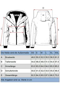 Technische tekening van een jas, voorzien van een capuchon, een ritssluiting aan de voorkant en elastische manchetten. Afmetingen voor de maten XS tot XXL in centimeters zijn vermeld.