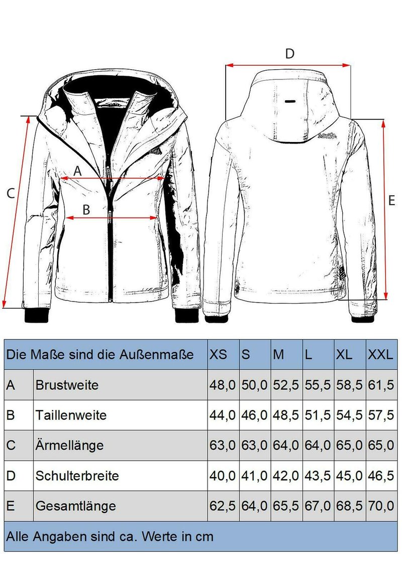 Technische tekening van een jas, voorzien van een capuchon, een ritssluiting aan de voorkant en elastische manchetten. Afmetingen voor de maten XS tot XXL in centimeters zijn vermeld.