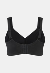Reggiseno nero a copertura totale con spalline regolabili e chiusura frontale a ganci su sfondo bianco.