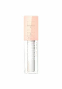 Lifter Gloss fra Maybelline i et klart rektangulært rør med en blød lyserød hætte, der har fed hvid tekst og en sølvfarvet inderside.