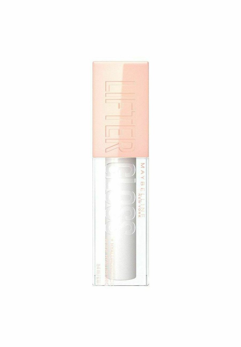 Lifter Gloss fra Maybelline i et klart rektangulært rør med en blød lyserød hætte, der har fed hvid tekst og en sølvfarvet inderside.
