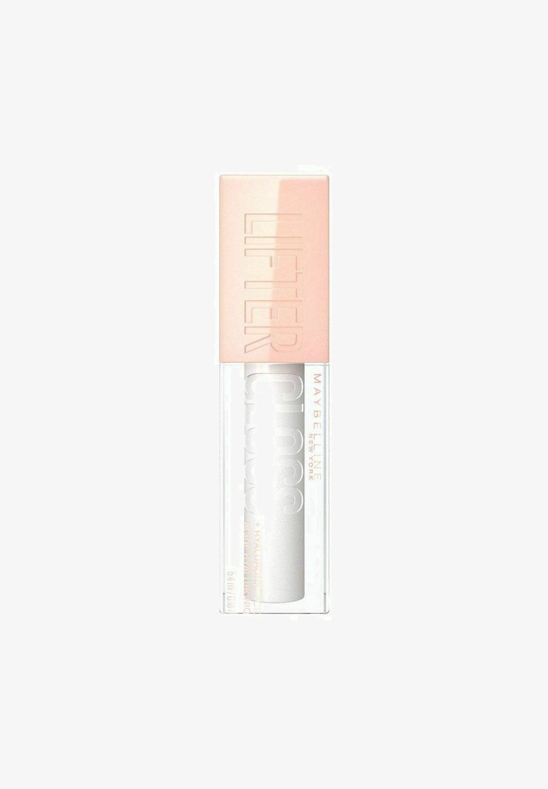 Lifter Gloss fra Maybelline i et klart rektangulært rør med en blød lyserød hætte, der har fed hvid tekst og en sølvfarvet inderside.