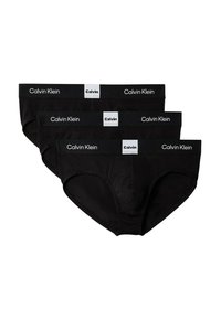 Schwarze Baumwollslips im 3er-Set mit elastischen Bundabschlüssen, die das weiße "Calvin Klein"-Logo tragen, und glatter Oberfläche.
