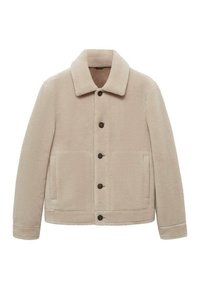 Beige Wollmischung Jacke mit Kragen, vorderen Knöpfen und Seitentaschen. Sie hat eine weiche, strukturierte Oberfläche und eine lockere Passform.