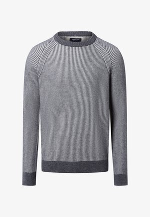 Pull gris à rayures avec texture côtelée, encolure ronde et manches raglan. Présente un ourlet et des poignets côtelés de couleur contrastante plus foncée.
