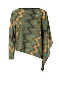 T-shirt à manches longues dans un motif zigzag vert, marron et or avec un tissu texturé et un ourlet asymétrique. Encolure arrondie et coupe ample.
