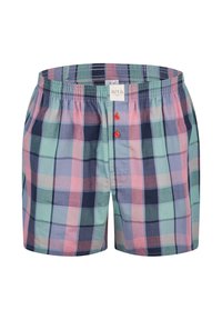 Pantaloni boxers di cotone a quadri con quadrati azzurri chiari, rosa e blu navy scuro. Vita elastica con due bottoni rossi sul davanti.