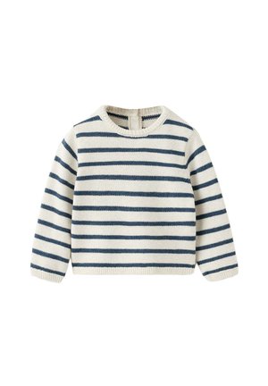 Pull tricoté à manches longues pour enfant avec des rayures horizontales bleu marine et blanches et un col rond sur fond blanc.