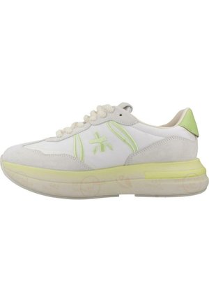 White sneaker with light green and grey accents, featuring a smooth leather upper, textured suede sections, round laces, and a cushioned sole.