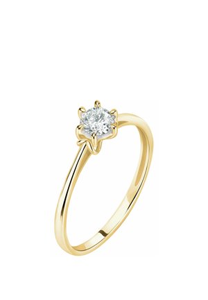 Goldring mit einem einzigen rund geschliffenen Diamanten, gehalten von sechs Krappen in einer klassischen Solitärfassung auf einem glatten Band.