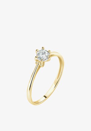 Goldring mit einem einzigen rund geschliffenen Diamanten, gehalten von sechs Krappen in einer klassischen Solitärfassung auf einem glatten Band.