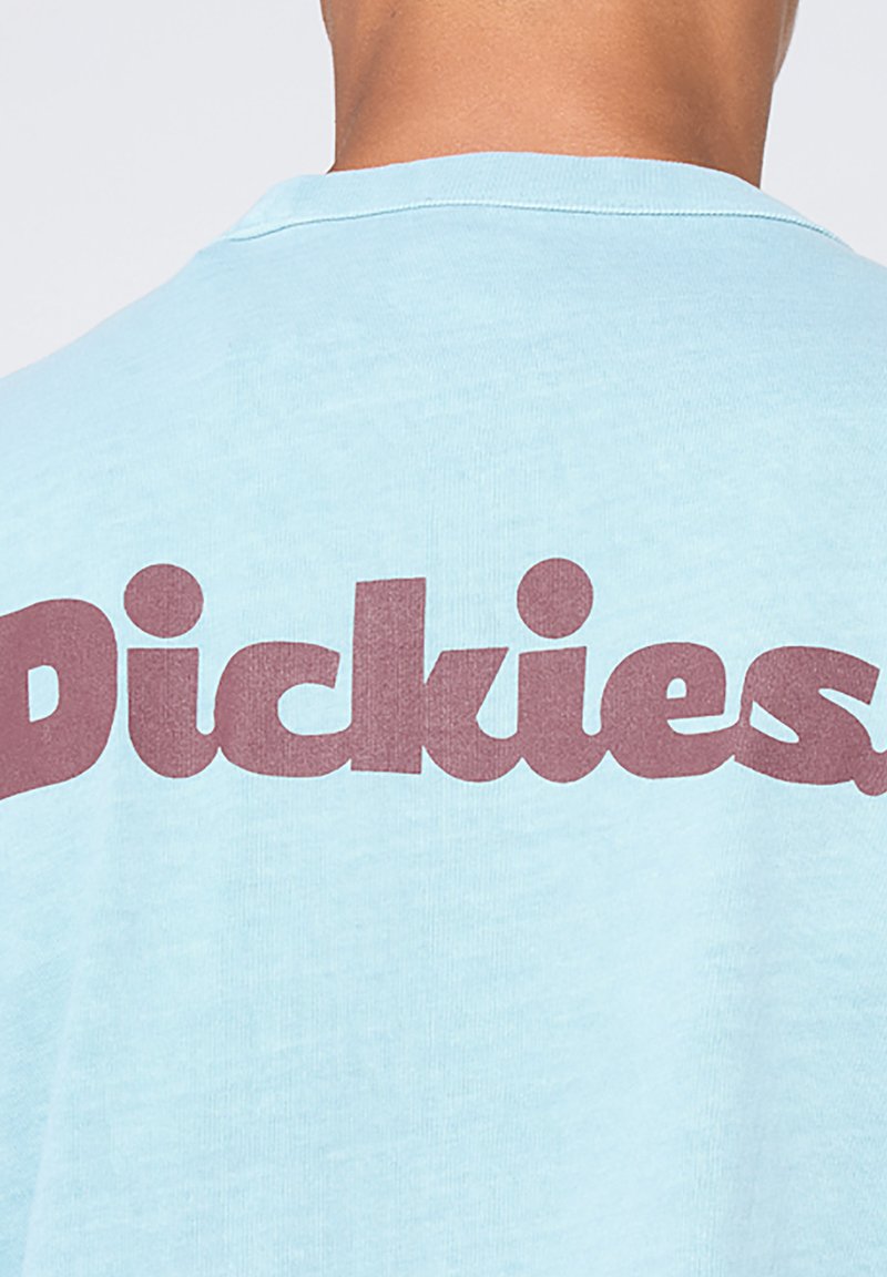 T-shirt azzurro chiaro con testo color borgogna scuro che riporta la scritta "Dickies" sul retro, realizzato in un tessuto morbido con vestibilità rilassata.