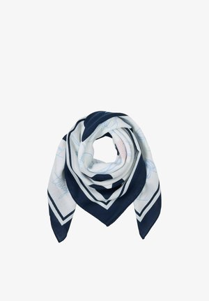 Witte en marineblauwe vierkante sjaal met abstracte lichtblauwe lijntekeningen, opgevouwen tot een opgerolde driehoekige vorm.
