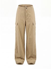 Pantalon cargo beige à jambes larges avec bouton devant, fermeture éclair, poches latérales à rabat et taille élastique.