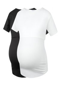 Maternity t-shirts in black and white, made from stretch cotton. Round neck, short sleeves, fitted design, with a curved hem for comfort.
