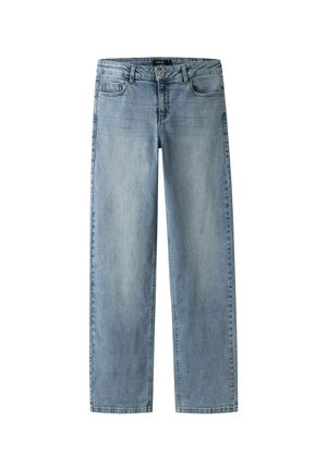 Lyseblå denimjeans med lige ben, fem lommer, bæltestropper og knaplukning. Slidt tekstur nær lommerne.