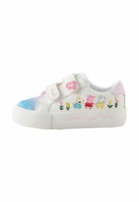 White children's sneaker with pastel glitter toe and heel, Velcro straps with pink character buttons, and cartoon characters above floral designs.