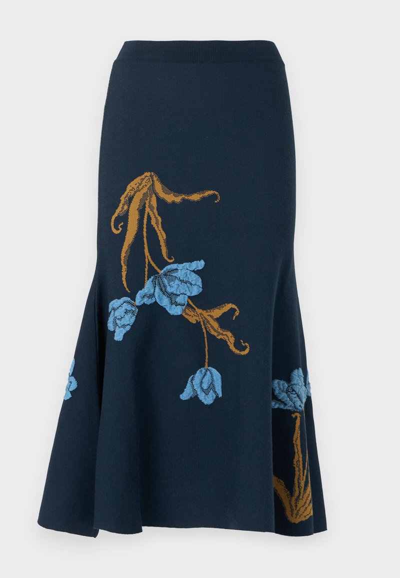 Marineblauwe midirok met uitlopende zoom, met grote bruine stelen en lichtblauwe bloemenborduursels.