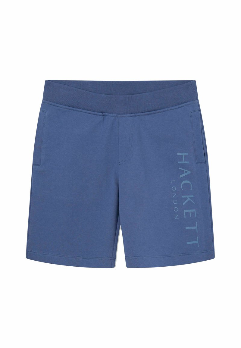 Shorts en coton bleu avec un waistband élastique, des poches latérales et un logo imprimé "HACKETT LONDON" à l'avant dans une teinte plus claire.