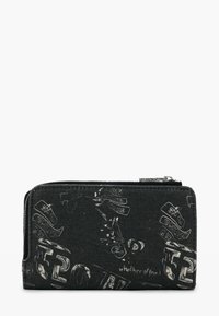 Black zip-around wallet with worn white graphic text and abstract patterns on fabric surface.