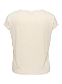 Off-white, kortærmet ribbet skjorte med rund halsudskæring, vist bagfra.