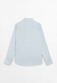 Hellblaues Langarmhemd liegt flach und zeigt die Rückseite, mit geknöpften Manschetten und einfachem Kragen auf weißem Hintergrund.