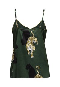 Groene cami-top met luipaard- en zwarte kattenprints, voorzien van dunne verstelbare bandjes en een losse pasvorm. Gemaakt van zachte stof met een gladde textuur.