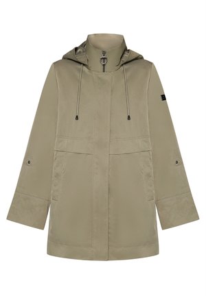 Jasnobrązowa kurtka z kapturem, zapinana z przodu na zamek, z troczkami, długimi rękawami i kieszeniami na klapki, zaprojektowana do noszenia na co dzień.