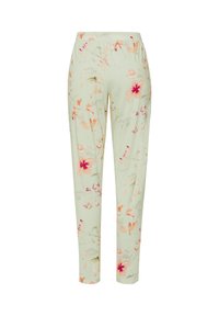 Světlé zelené květované kalhoty s elastickým pasem, zdobené růžovými a oranžovými květy a zelenými listy.
