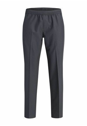 Pantalon sur mesure gris foncé avec une ceinture élastique et des plis avant, conçu pour une coupe slim.