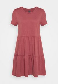 Robe à manches courtes, longueur genoux, en rose pâle, fabriquée en tissu doux. Dotée d'un col rond et d'un design en étages avec une texture froncée.