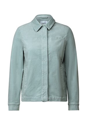 Lichtgroene corduroy jas met een knoopsluiting aan de voorkant, kraag en twee borstzakken. Heeft lange mouwen en een gestructureerde afwerking.