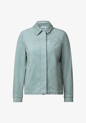 Lichtgroene corduroy jas met een knoopsluiting aan de voorkant, kraag en twee borstzakken. Heeft lange mouwen en een gestructureerde afwerking.