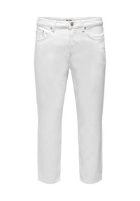 Vaqueros de denim blanco con corte recto, diseño de cinco bolsillos y una ligera textura. El herraje metálico incluye botón y remaches.