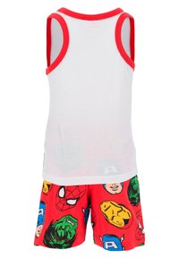 Tank top with red trim, white fabric; red shorts with superhero character prints, including Spider-Man and Hulk, in a cotton material.
