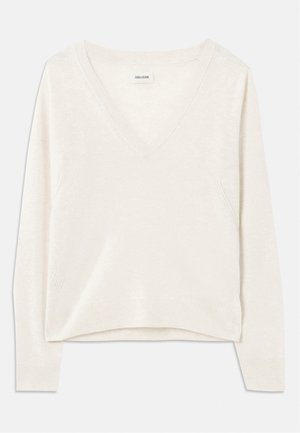 Pull en tricot beige clair avec un col en V, des manches longues et des épaules tombantes. Présente une texture subtile ainsi que des poignets et un ourlet côtelés.