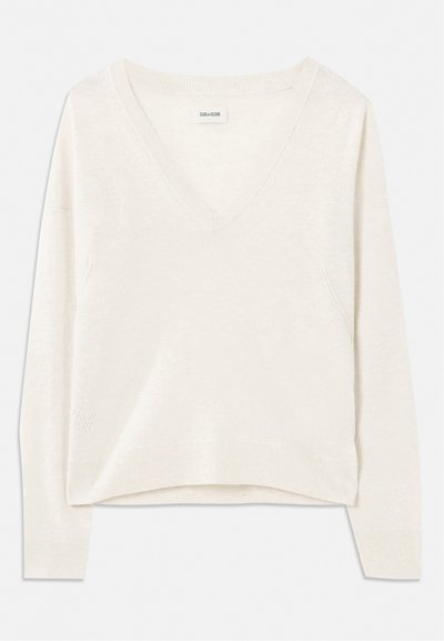 Light beige knitted sweater with a V-neck, long sleeves, and dropped shoulders. Features subtle texture and ribbed cuffs and hem.