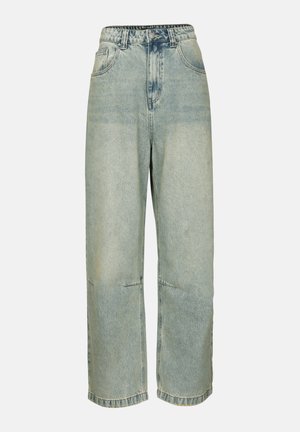 Helle blaue, hochgeschnittene Jeans mit lockerer Passform, die Fronttaschen, kontrastierende Nähte und eine leicht ausgebleichte Textur aufweisen.