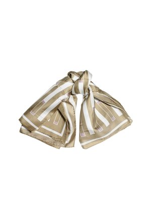 Foulard in seta beige e bianco, con motivi geometrici a strisce e accenti rettangolari in rosa, dal tocco liscio e lucido.