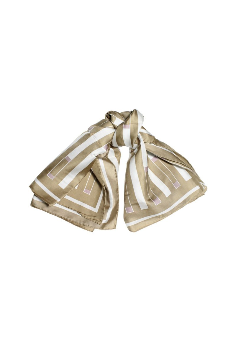 Foulard in seta beige e bianco, con motivi geometrici a strisce e accenti rettangolari in rosa, dal tocco liscio e lucido.