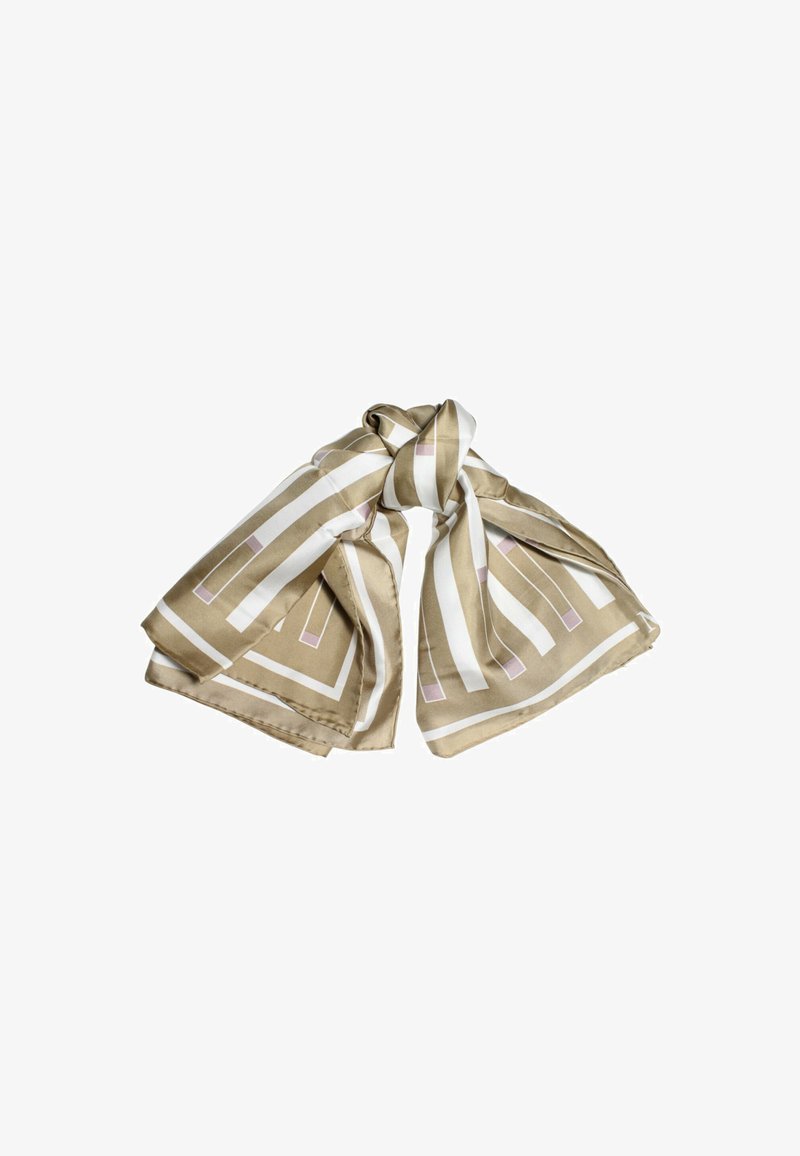 Foulard in seta beige e bianco, con motivi geometrici a strisce e accenti rettangolari in rosa, dal tocco liscio e lucido.
