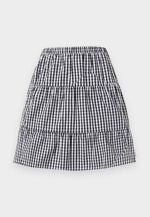 Μαύρη και λευκή φούστα με καρώ μοτίβο gingham, σε στρώσεις, με ελαστική μέση, μήκος μέχρι το γόνατο και ελαφρώς φαρδιά γραμμή.