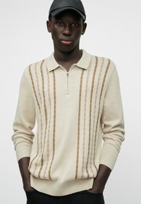 Μπεζ πλεχτός πουλόβερ με φερμουάρ στο γιακά, που διαθέτει κατακόρυφες καφέ ρίγες. Μαλακή υφή με ριμπ μανσέτες, συνδυασμένο με σκούρες παντελόνες.