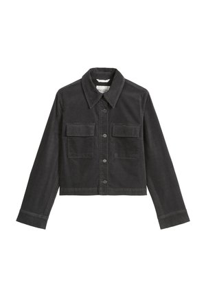 Schwarze Jeansjacke mit Kragen, vorderem Knopfverschluss und zwei Brusttaschen. Kurz geschnitten mit langen Ärmeln und gesteppten Details.